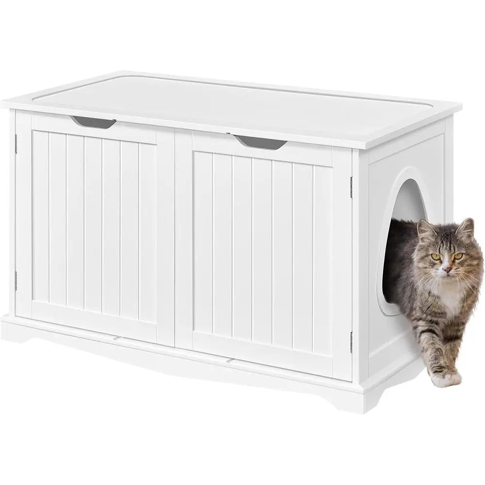 Cat Litter Box Enclosure, Box Cabinet Hidden, Wooden Pet Crate Kitty Washroom Storage Bench with Divider Home Litter Loo Indoor