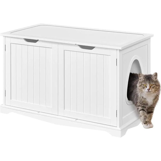 Cat Litter Box Enclosure, Box Cabinet Hidden, Wooden Pet Crate Kitty Washroom Storage Bench with Divider Home Litter Loo Indoor