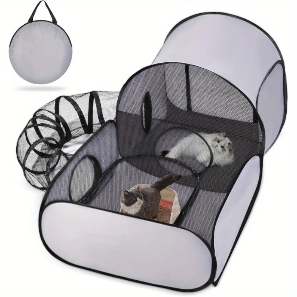 Foldable Cat Tent with Tunnel, Breathable Polyester Cat Cage Indoor Outdoor Playpen for Cats & Small Dogs
