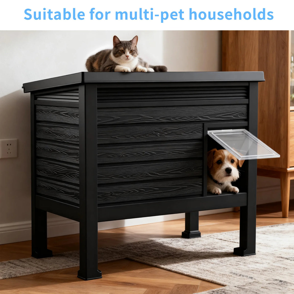 Indoor Outdoor Plastic Cat House with Heating Pad, Weatherproof Elevated Cat Shelter ,Dual Use Indoor Outdoor Cat Cabin for Cold Weather