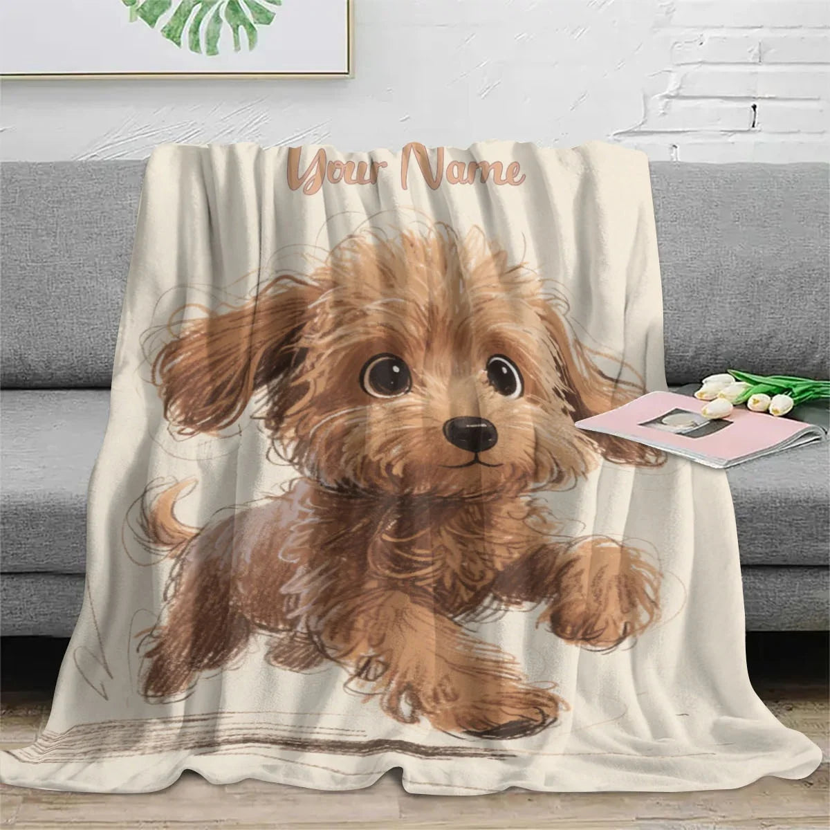 Custom Name with Playful Puppy Pattern Blanket, Adorable Brown Curly Haired Dog Design, Perfect Birthday Gift for Dog Lovers
