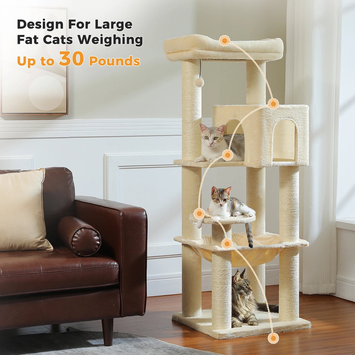 Large Cat Tree with Thick Scratching Posts Large Condo Hammock Heavy Duty Cat Tower for Big Adult Cats Plush Cat Furniture Toys