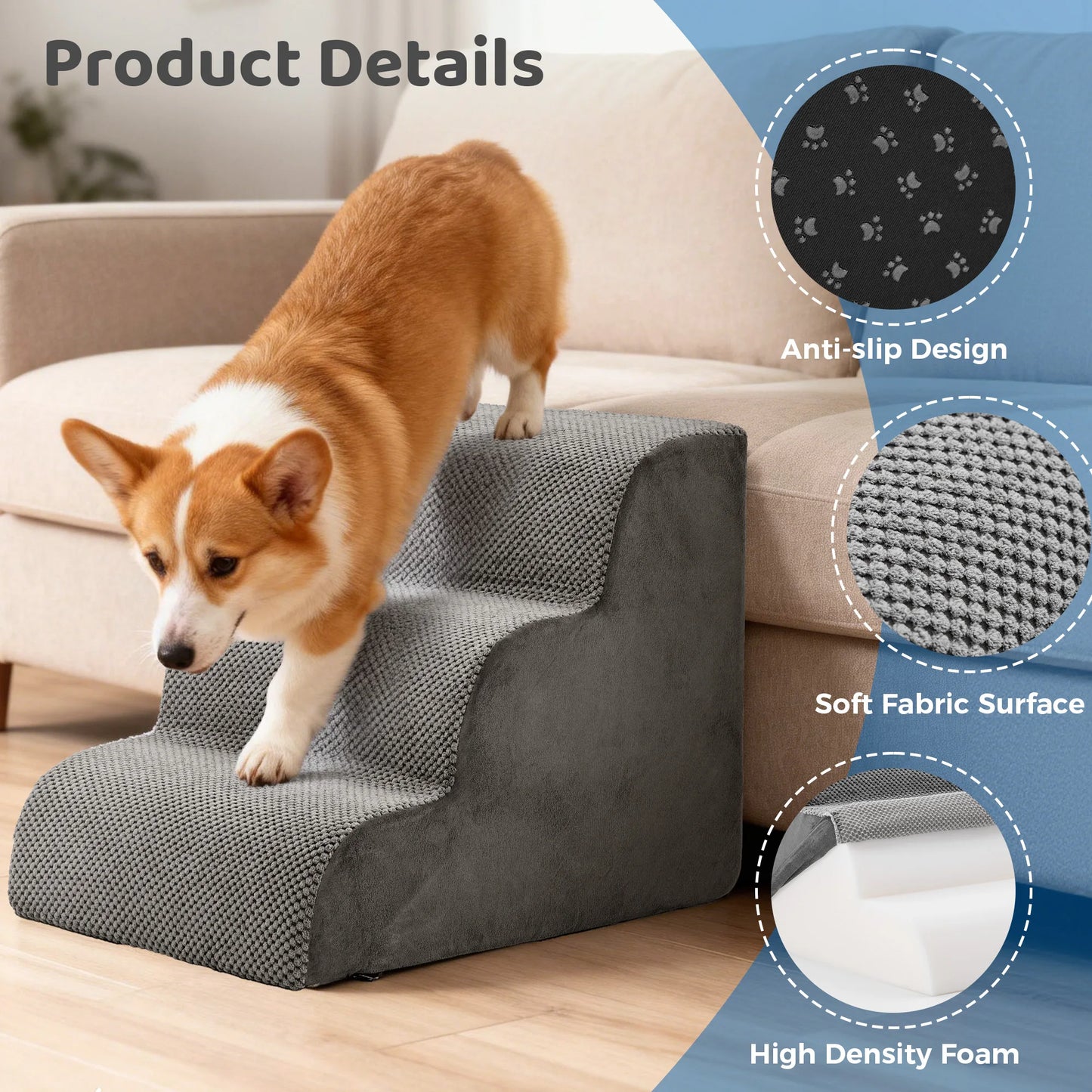 3-5 Step High-Density Foam Dog Stairs Ramp for Small Dogs Curved Pet Dog Steps Indoor Non-Slip Pet Ladder Ramp Stairs