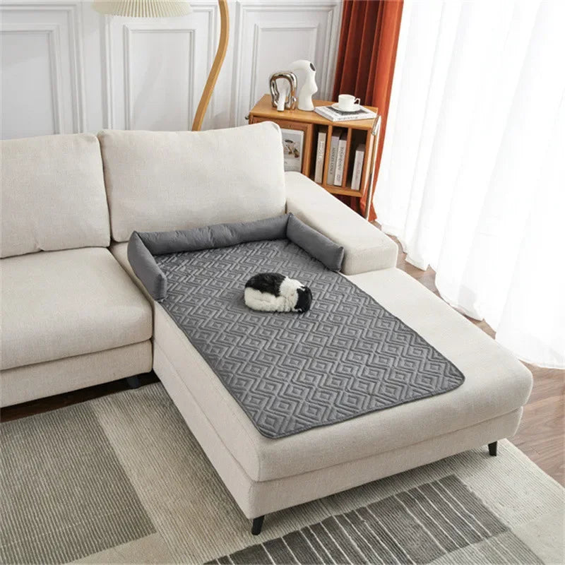 Dog Sofa Bed Pad with Neck Pillow Waterproof and Moisture-proof Plaid Pet Blanket Mat Indoor Cat Calming Nest Supplies