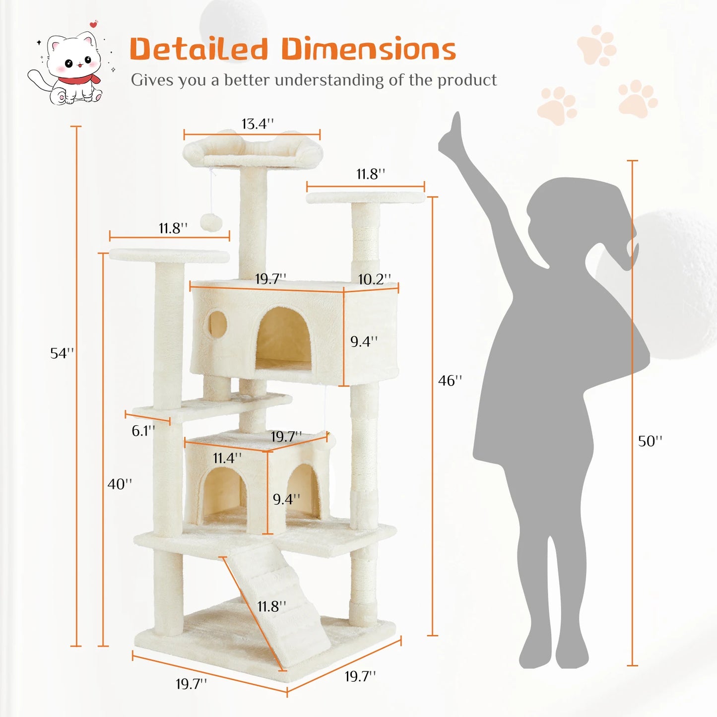 54in Tall Multi-Level Cat Tree Tower for Indoor Pet Furniture Stable Kitty Play House with Sisal Scratching Post for Home