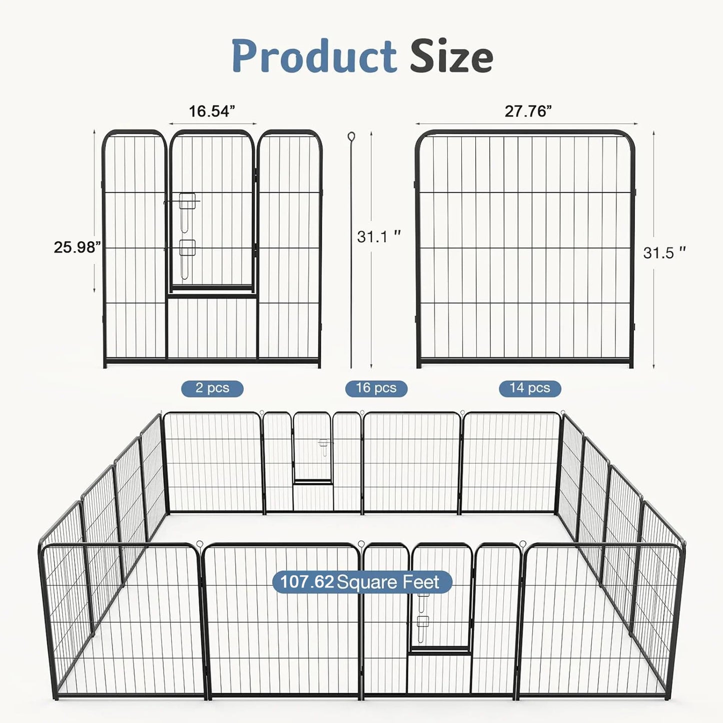 16 Panels Dog Playpen Pet Fence Metal 24 Inch to 32 Inch Foldable Large Dog Puppy Exercise for Yard Gate Camping Outdoor