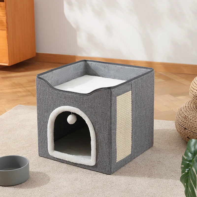 Semi-Enclosed Foldable Double-Door Triple-Layer Cat House with Multi-Functional Double-Sided Scratching Board for Cats