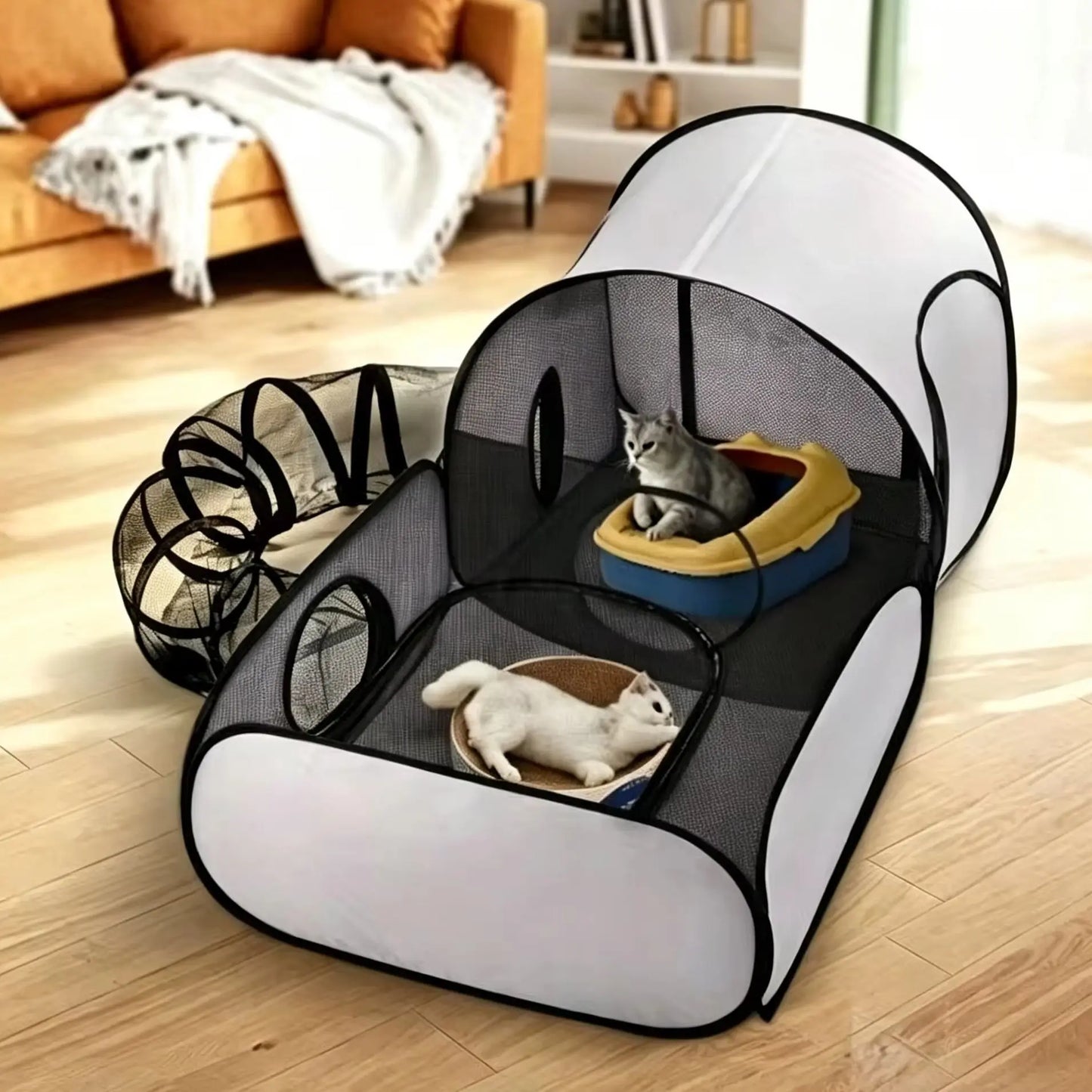 Foldable Cat Tent with Tunnel, Breathable Polyester Cat Cage Indoor Outdoor Playpen for Cats & Small Dogs